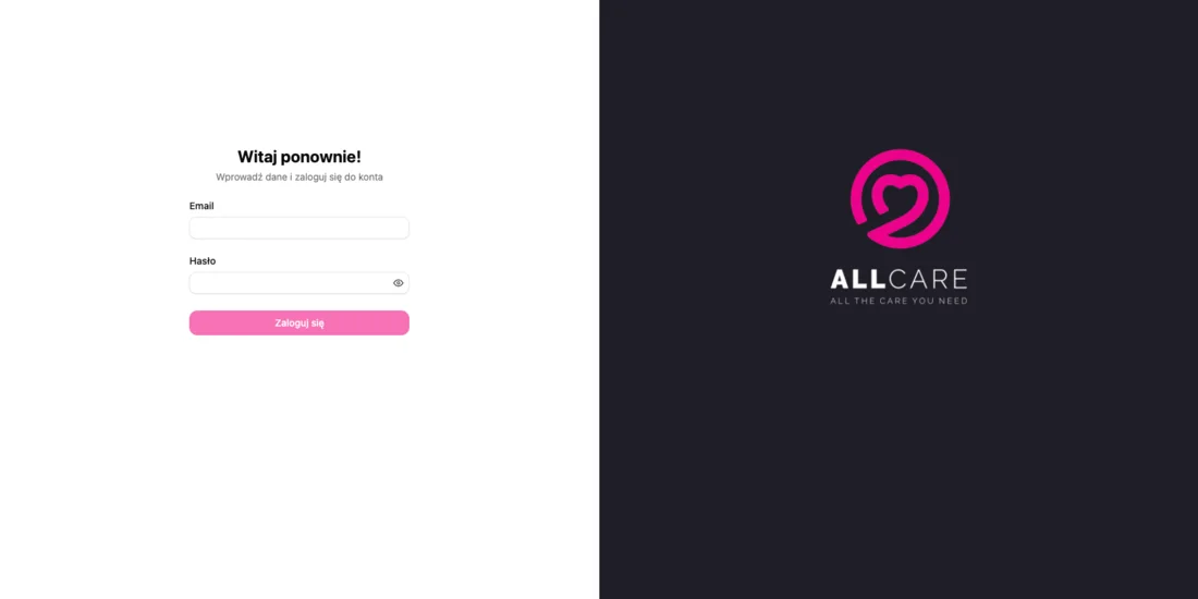 Ekran logowania do panelu AllCare z logo i firmową kolorystyką marki AllCare