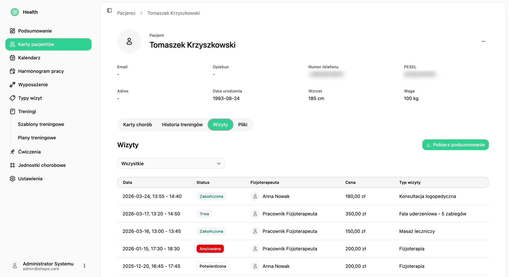 Karta pacjenta w panelu Shape.Care Physio: dane pacjenta, zakładki kart chorób, historii treningów i plików oraz tabela wizyt ze statusem, fizjoterapeutą, ceną i typem wizyty